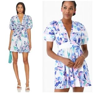 Poupette St. Barth Floral Swiss Dot Puff Sleeve Reina White Pink Blue Dress, M